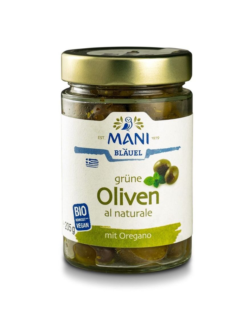 Grüne Oliven al naturale mit Oregano Mani