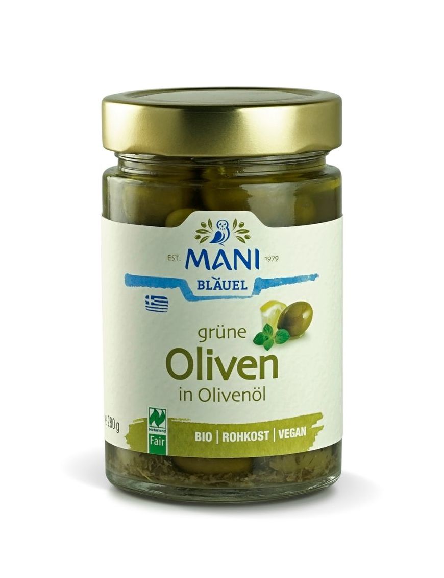 Grüne Oliven in Olivenöl Mani