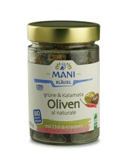 Grüne & Kalamata Oliven al naturale mit Chili & Kräutern Mani