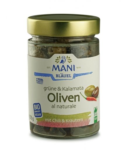 Grüne & Kalamata Oliven al naturale mit Chili & Kräutern Mani