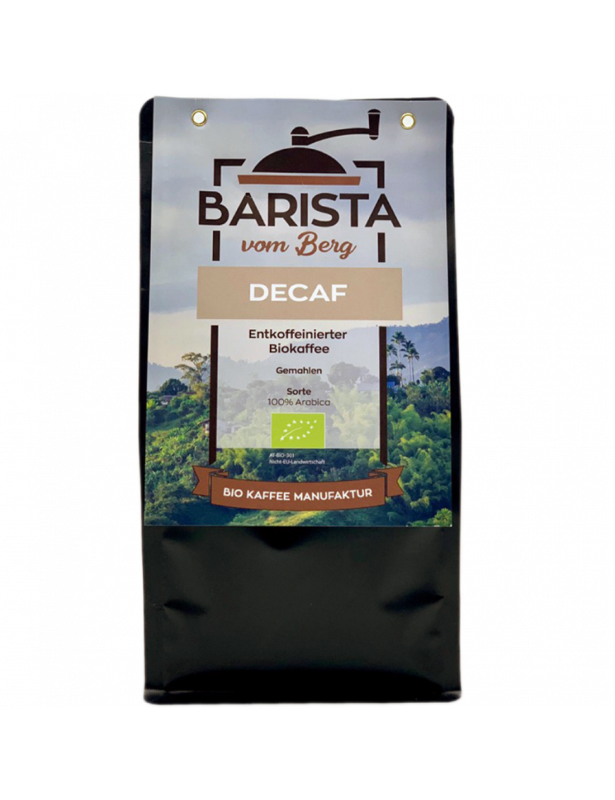Decaf Entkoffeinierter Biokaffee gemahlen Barista vom Berg