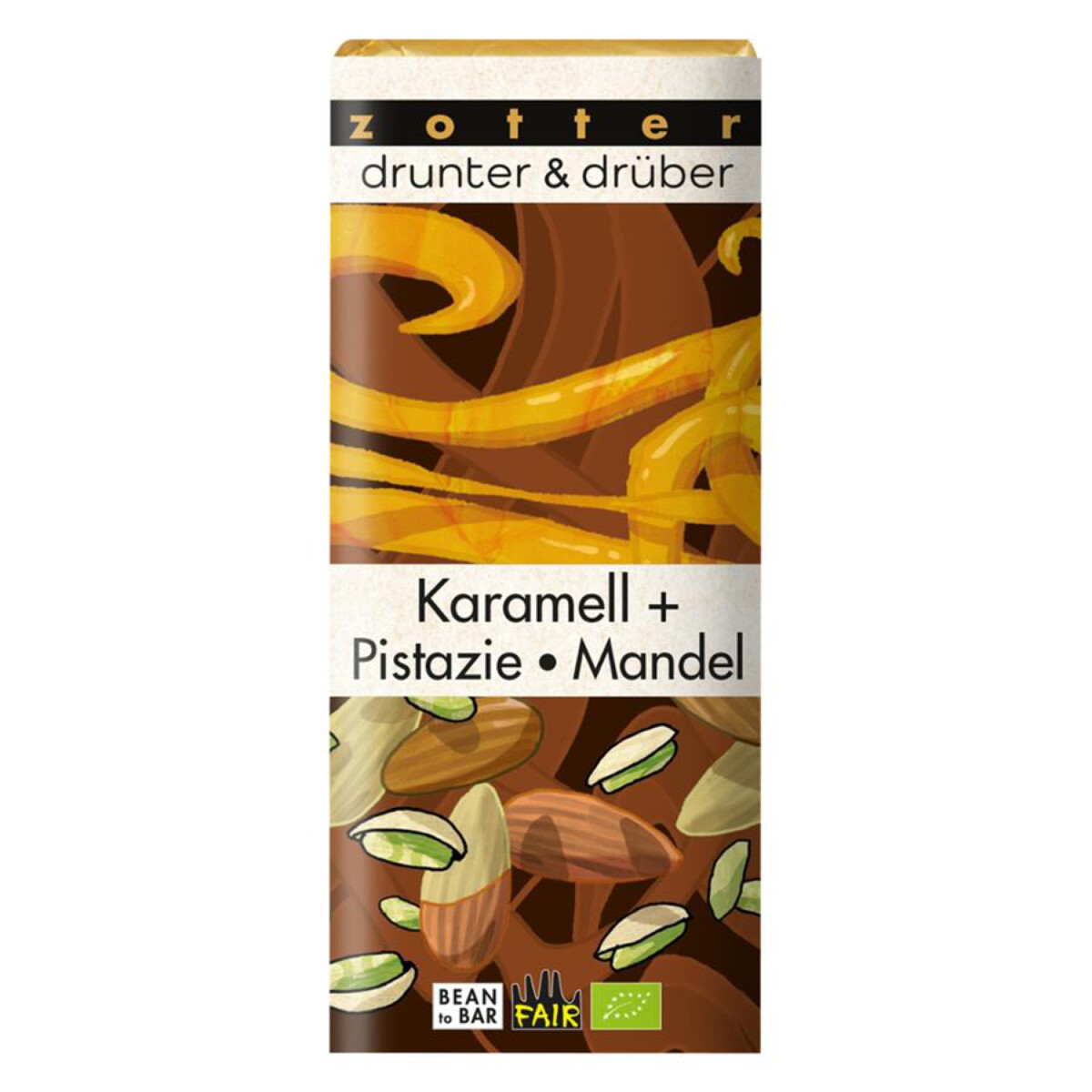 Zotter Schokolade - drunter & drüber Karamell + Pistazie · Mandel