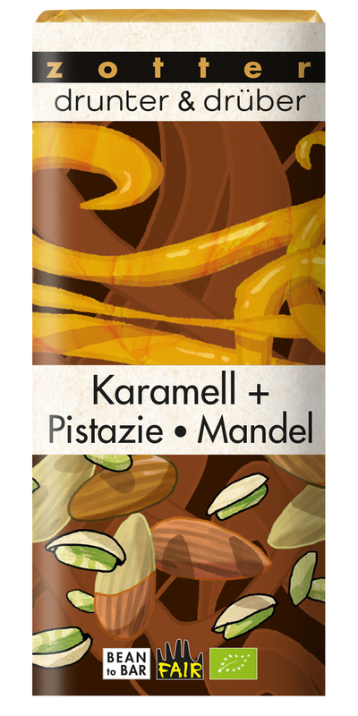 Zotter Schokolade - drunter & drüber Karamell + Pistazie · Mandel 10 Stück zuZotter Schokolade - drunter & drüber Karamell + Pistazie · Mandel