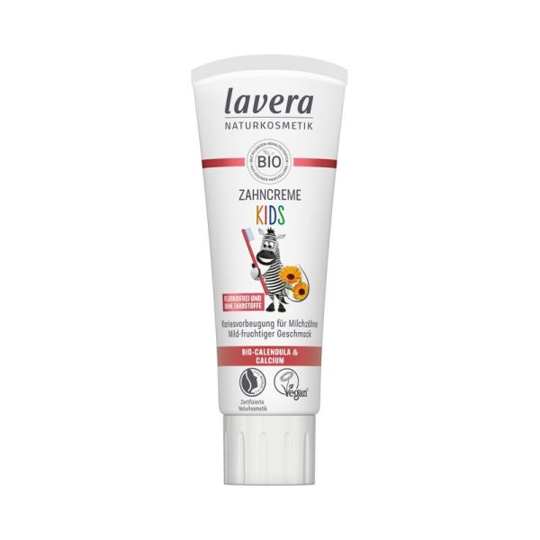 mikroplastikfrei palmölfrei vegan vegan zertifiziert Naturkosmetikprodukte Detail EAN 4021457652310 Abmessungen 5.5 x 15.7 x 3.5 cm UVP 4,39 € 2,54 € / TB 4 TB / KT 3,39 € / 100 ML Lavera Naturkosmetik - Zahncreme Kids Fluoridfrei