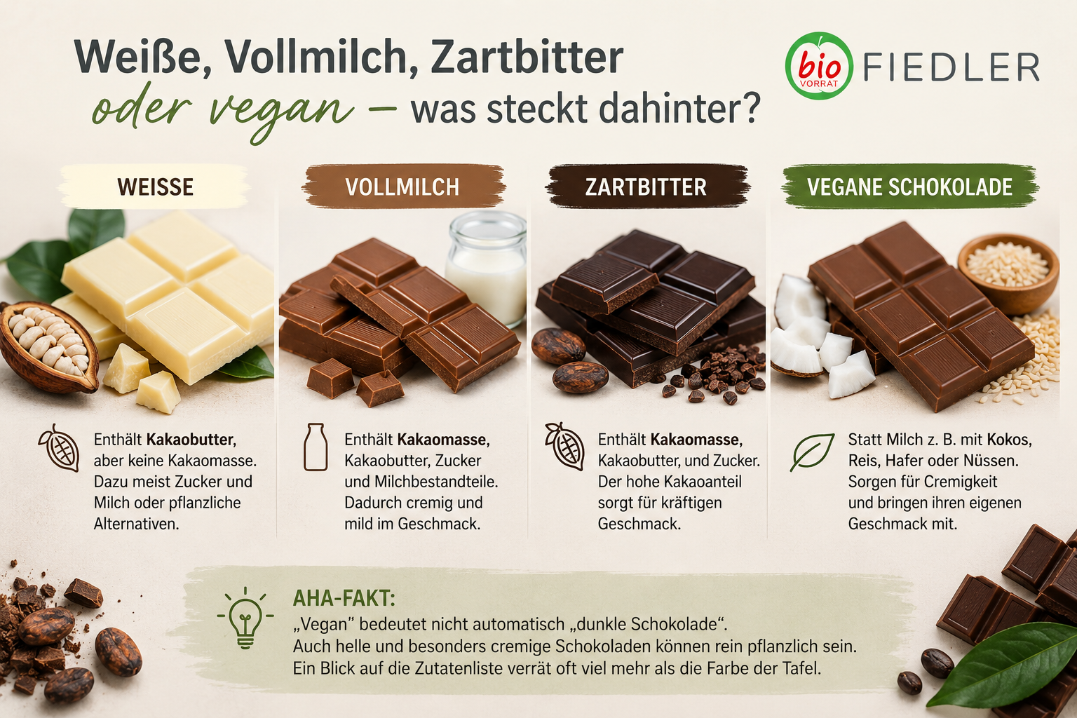 Weiße, Vollmilch, Zartbitter oder vegan – was steckt dahinter?