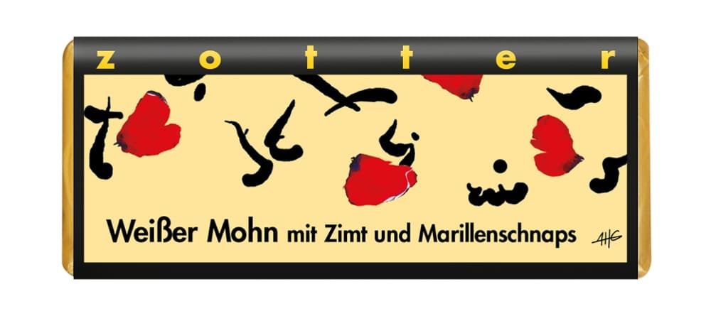 Zotter Schokolade - Weißer Mohn mit Zimt und Marillenschnaps 10 Stück zu 70 g