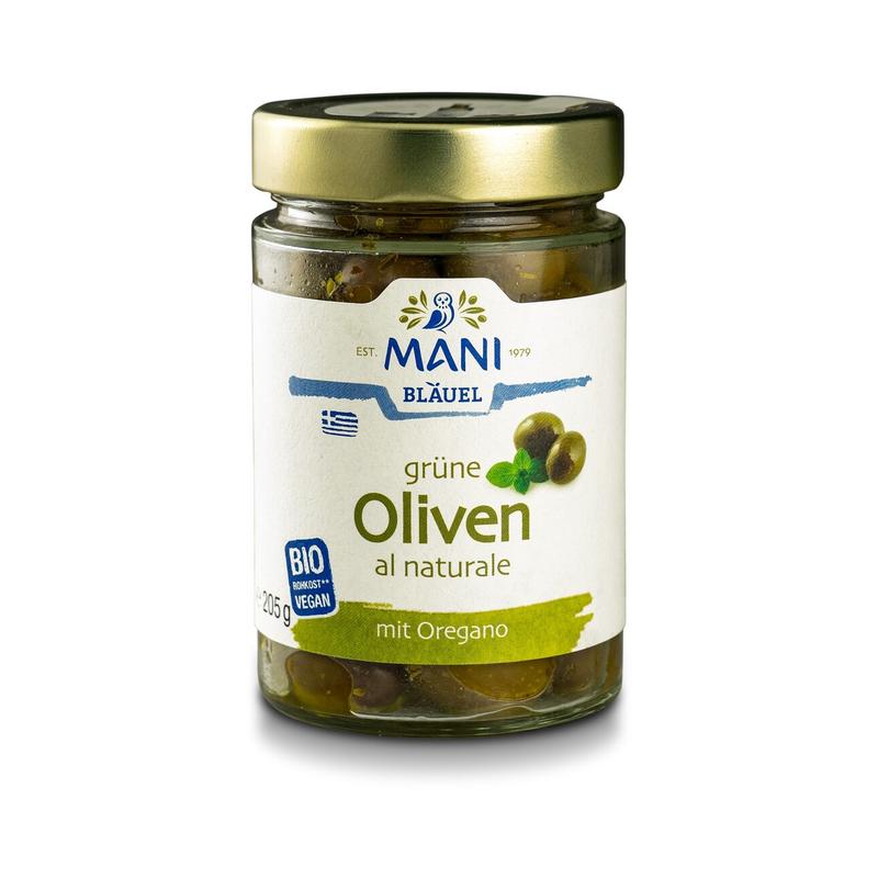 Grüne Oliven al naturale mit Oregano Mani