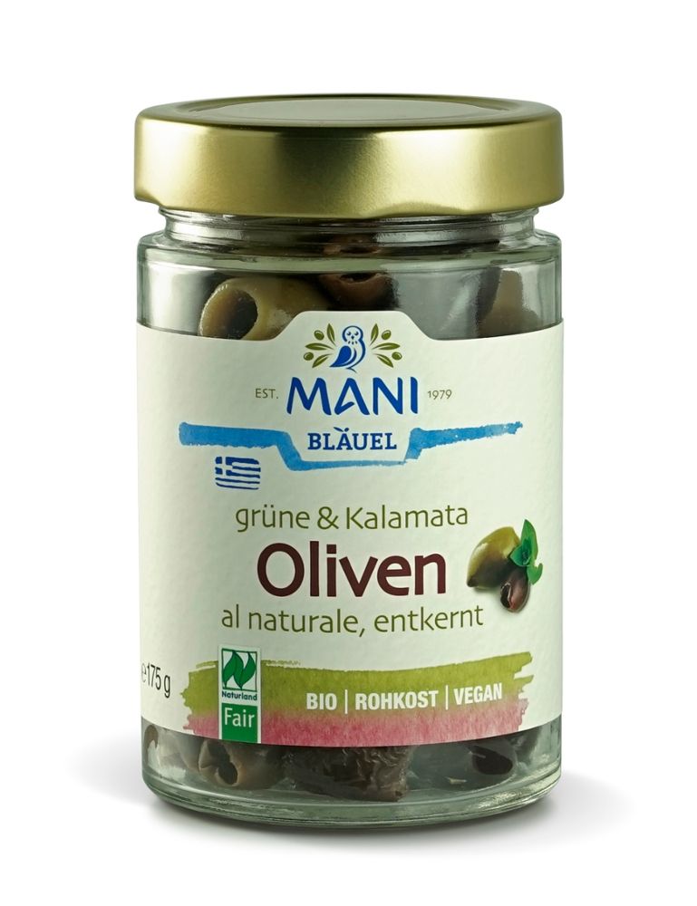 Mani - Grüne & Kalamata Oliven geölt ohne Stein 6 Stück zu 175 g