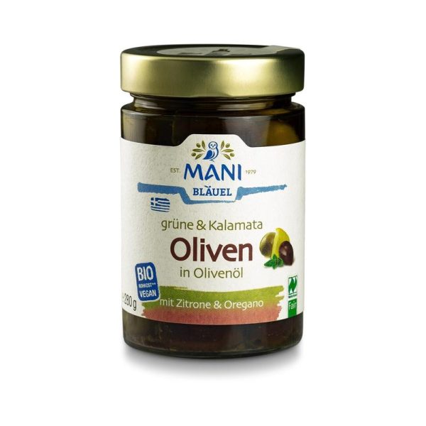 Grüne & Kalamata Oliven in Olivenöl Mani