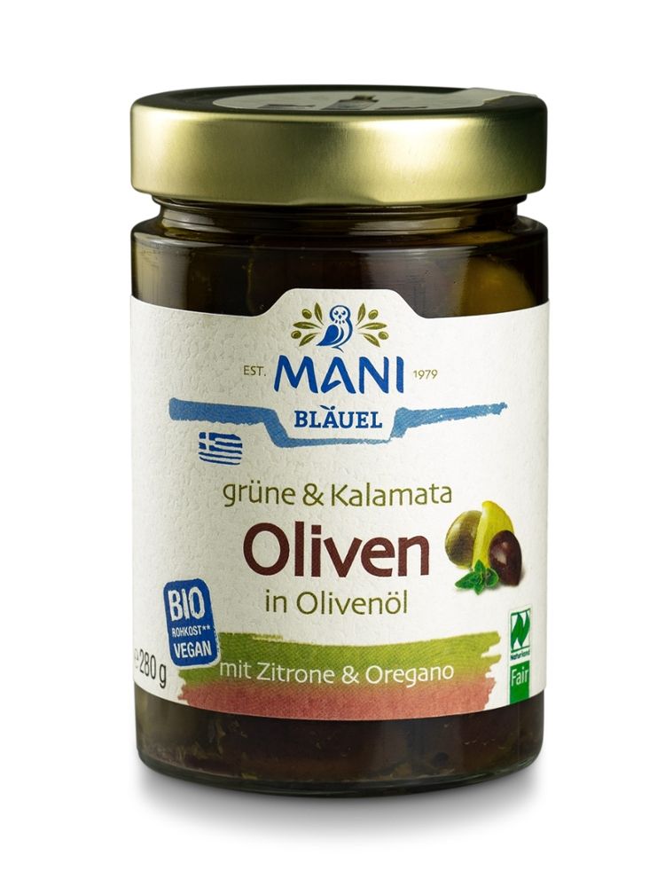 Mani - Grüne & Kalamata Oliven in Olivenöl mit Stein 6 Stück zu 280 g