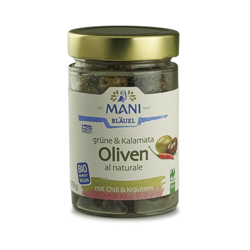Grüne & Kalamata Oliven al naturale mit Chili & Kräutern Mani